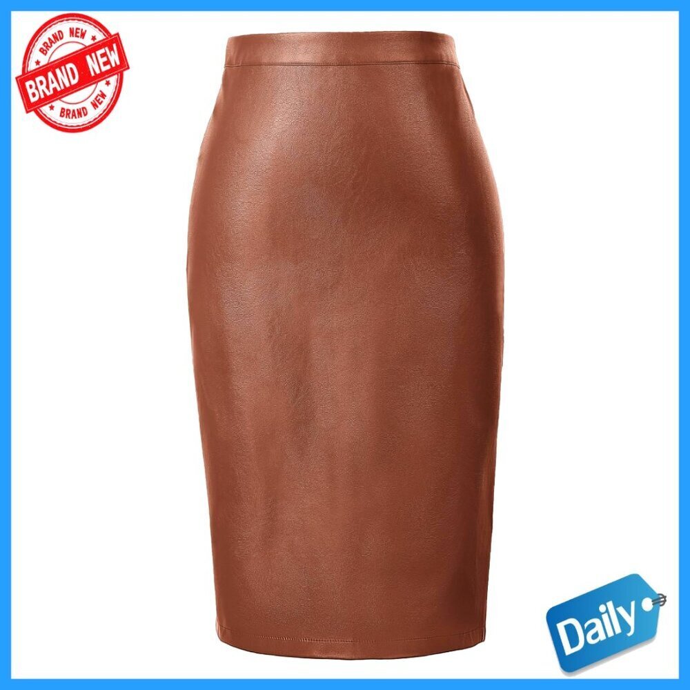 Faux Leather Pencil Skirt High Waist Knee Length Slim Fit Midi